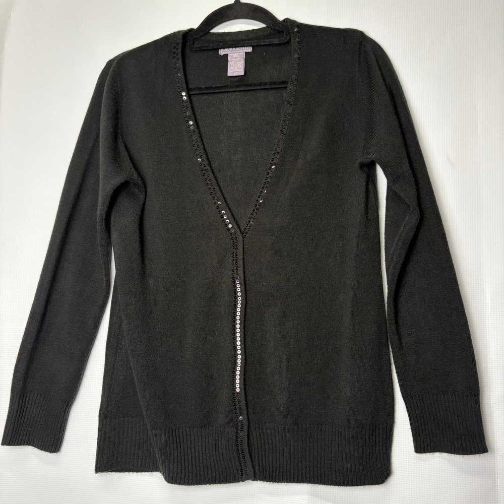 Vintage Laura Scott Black Cardigan Sequined‎ V Neck Long Sleeve Womens Medium M